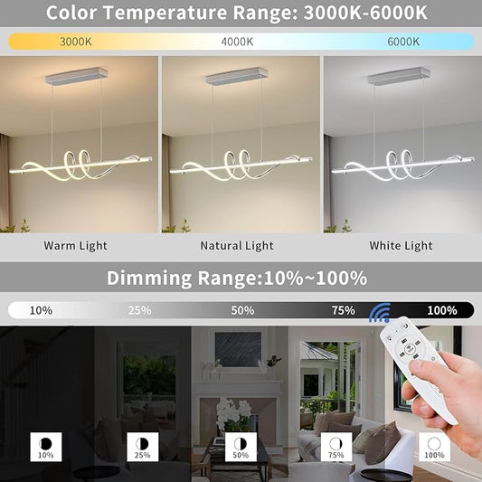 Modern Pendant Light Kitchen Island 39in Dimmable Hanging Lamp 3000k-6000K Adjustable Warm/Nautral/White with Remote Control, Kitchen Island Lighting Chrome Silver