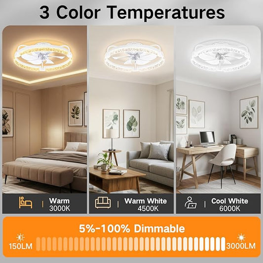 OUTON 20" Fandelier Low Profile Ceiling Fan with Light, Remote & App Control, Flush Mount Ceiling Fan with 3000K-6500K Stepless Dimmable, 6 Speed, Quiet DC Motor, Small Modern Fans for Bedroom White