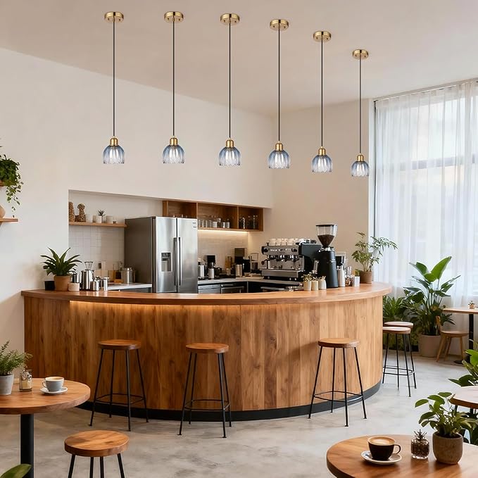 TALOYA Pendant Light with Blue Tulip Glass Lampshade, Brass Vintage Pendant Light Adjustable Hanging Light for Kitchen Island Bedroom Dining Room Hallway& Bar