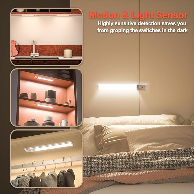 Under Cabinet Lighting, 2Pack Motion Sensor Light Indoor with 3 Color Temps, Rechargeable Under Counter Lights for Kitchen,Dimmable Closet Lights Battery Operated, 88 LED Motion Sensor Light Indoor