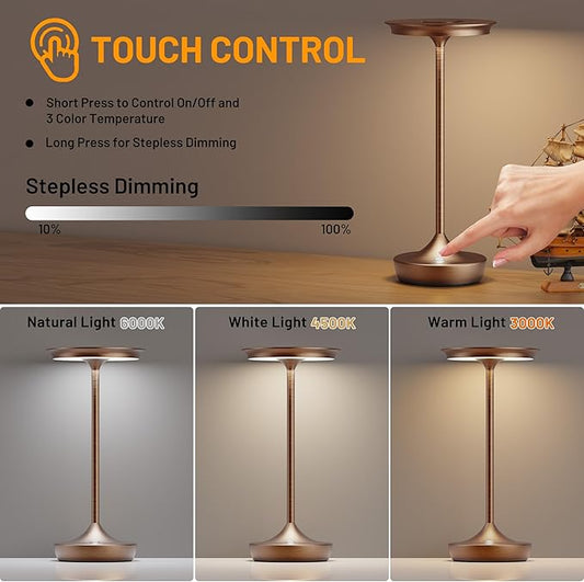 LED Cordless Table Lamps Rechargeable - Outdoor 6000mAh Battery Operated Portable Tables Light 3 Color Stepless Dimming Lamp with Memory Function for Patio Restaurant Dining Moka