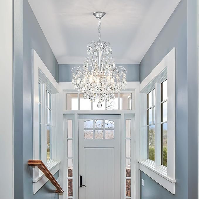 WUZUPS 5-Light Crystal Candle Chandelier Pendant Ceiling Modern Lighting Fixture for Bedroom Hallway Bar Kitchen Bathroom, H 22.8" W19.7, E12 Base, Silver