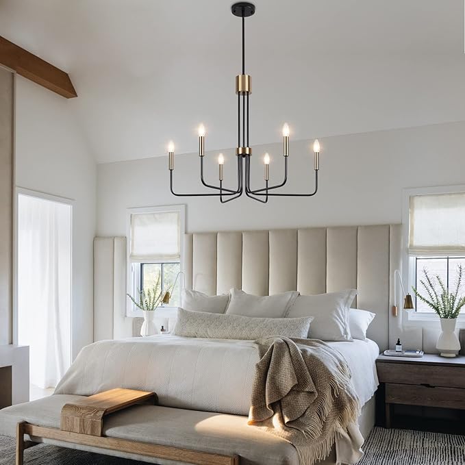 6-Light Modern Farmhouse Chandelier, Black and Gold Chandelier for Dining Room Light Fixtures Ceiling Hanging, Kitchen Chandelier for Bedroom Living Room Entryway