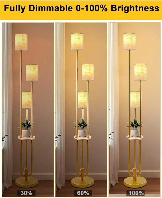 Gold Floor Lamp Dimmable 64IN Tall Standing Lamps with Soft Warm White Eye Care 3000K G9 Bulbs, Mid Century Modern Floor Lamp with 5Lbs Heavy Base for Livng Room Bedroom