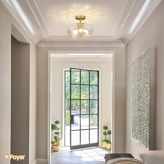 12" Iridescent Rainbow Hammered Glass Ceiling Light, 3-Light Semi Flush Mount Fixture, Modern Gold Lighting for Bedroom, Hallway, Kitchen, Dining Room, Living Room, Foyer