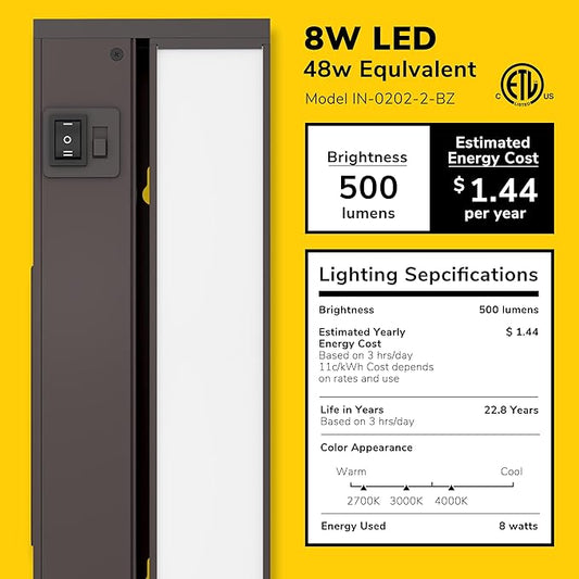 GETINLIGHT 18-inch Swivel LED Under Cabinet Lights, Glass Lens, Selectable White 2700K/4000K/5000K, Dimmable with Wall Dimmers,Bronze Finish, IN-0202-2-BZ