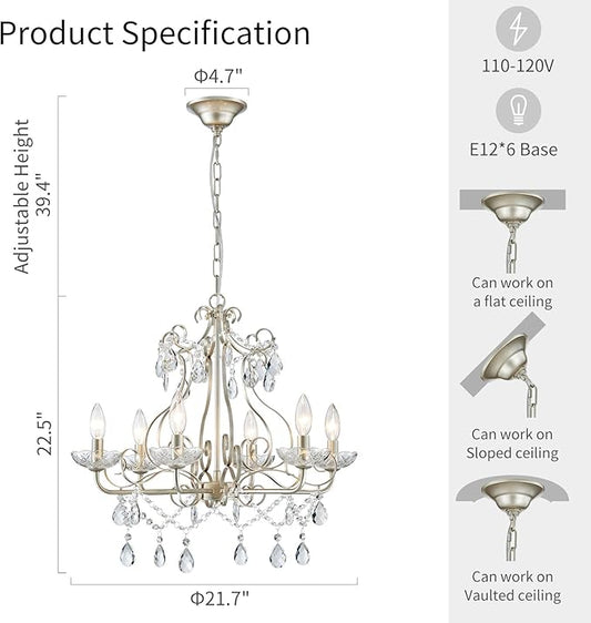 WUZUPS Crystal Candle Chandelier Pendant Flushmount Ceiling Light Modern Lighting Fixture for Bedroom Hallway Bar Kitchen Bathroom, H 22.5" x W 21.7", Nickel, E12 Base