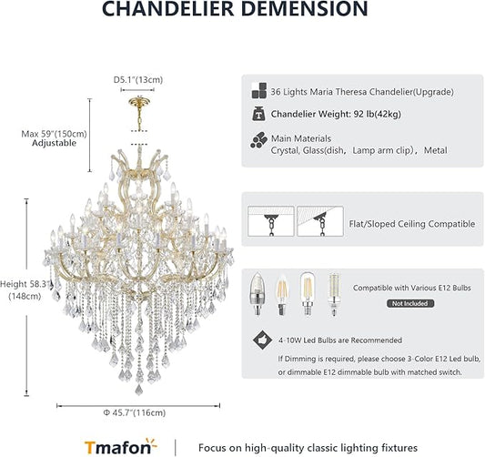 Large Gold Chandelier Light Fixtures - 36 Lights, 4 Layers Modern Crystal Chandeliers for Hotel, Lobby, Foyer, Entrance Hall, Staircase