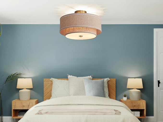 Shrine Lighting Double Drum Ceiling Light, Perfect Drum Light Fixture for Dining Room, D16'' x H7'', E12*3 Sockets, Beige Linen Fabric Lampshade & Gold Rod
