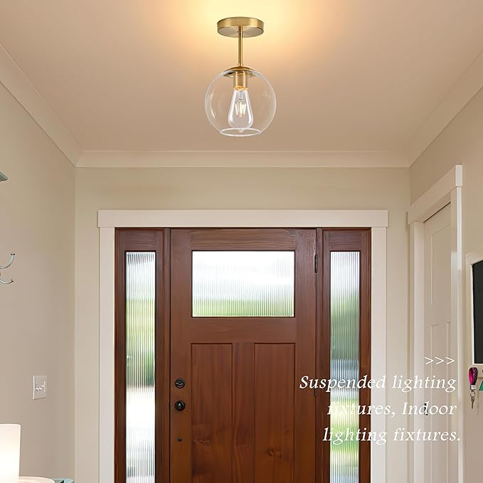 Bagood Gold Semi Flush Mount Ceiling Light Fixture with Clear Glass Light Fixture Mid Century Light Fixtures Gold Semi Flush Ceiling Light Fixtures for Dining Room Kitchen Island (Bulb Incl)