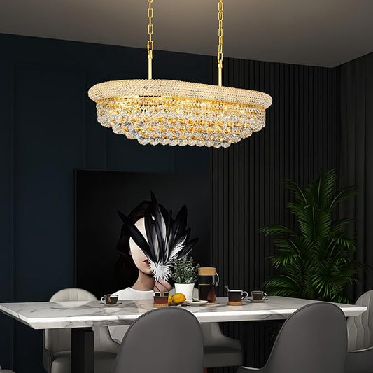 Crystal Chandeliers for Dining Room Light Fixtures Over Table, Modern Crystal Chandeliers for Kitchen lsland, 9 Lights Empire Style Gold Luxury Lighting Fixtures for Living Room Bar L31 Inch