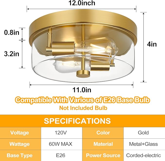 szzgco Flush Mount Ceiling Light Fixtures, 2-Light Gold Ceiling Mount for Farmhouse with Clear Glass Lampshade, Industrial Flush Mount Light Fixture Farmhouse for Hallway, Kitchen, Entryway and Foyer