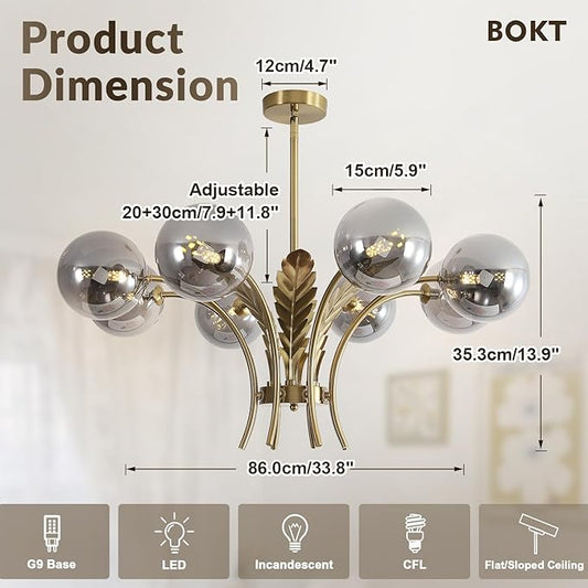 BOKT Gold Sputnik Mid Century Chandelier Modern Slop Ceiling Light Fixture Adjustable Height Kitchen Lights Hanging Smoked Gray Glass Globe Lampshade for Living Room Bedroom Bulb Included