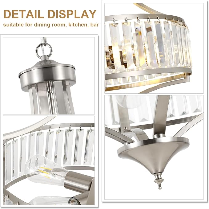 CNRATYE 20" Brushed Nickel Chandeliers for Dining Room, 5-Light Modern Crystal Chandelier for Entryway, Hanging Round Light Fixture for Kitchen Island Living Room Bedroom Office Bathroom Staircase