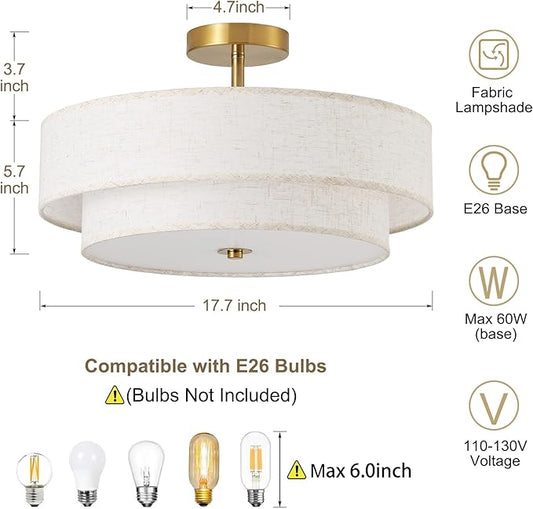 17.7" Semi Flush Mount Ceiling Light Fixtures, Gold Close to Ceiling Light Fixtures with 2-Tier Drum Fabric Lamp Shade, Modern Ceiling Light Fixtures Flush Mount for Bedroom Hallway Nursery