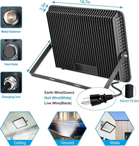 YANYCN 300W LED Flood Light Outdoor,2000W Equivalent 5000K Daylight White Super Bright FloodLight with Plug,43500LM IP66 Waterproof Commercial Lighting for Sports Fields,Counts,Arena,Stadium