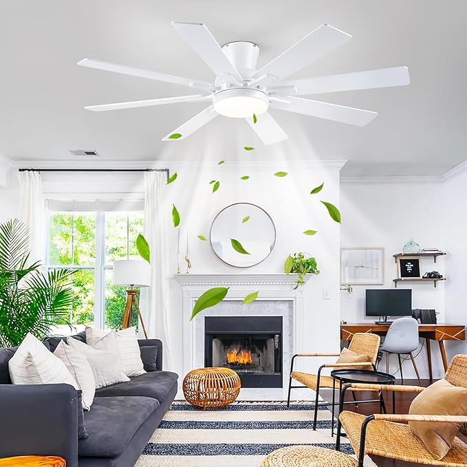 Mpayel Ceiling Fans with Lights, 52 Inch Low Profile Flush Mount Ceiling Fan, Modern White Ceiling Fan with Light for Bedroom Living Room, Remote/APP Control, Quiet DC Motor, Dimmable, 8 Wood Blades