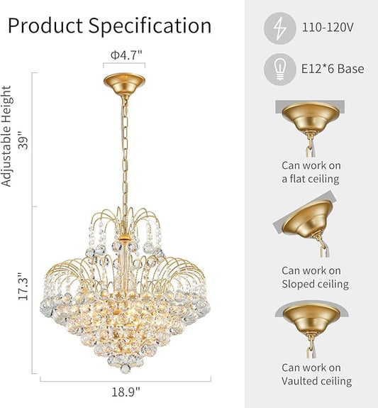 WUZUPS Crystal Chandelier Pendant Flushmount Ceiling Light Modern Lighting Fixture for Bedroom Hallway Bar Kitchen Bathroom, H 17.3" x W 18.9", Gold, E12 Base