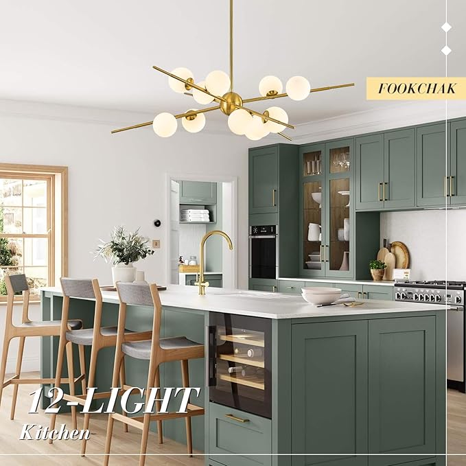 Large Gold Sputnik Chandelier 39in 12-Light Frosted Glass Chandelier Light Fixture Mid-Century Modern Molecular Chandeliers for Living Room Dining Room Foyer Kitchen Bedroom