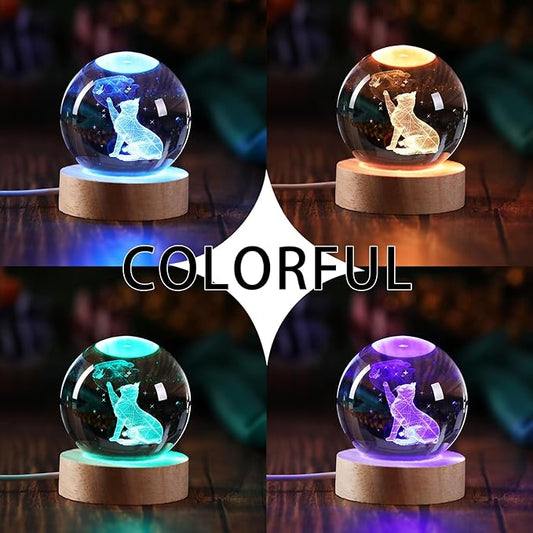 3D Cat Figurine in Crystal Ball Nightlight with Colorful LED Base, Cute Cat Lover Gifts for Woman, Crystal Glass Kitten Collectibles Kitty Handmade Emotional Support