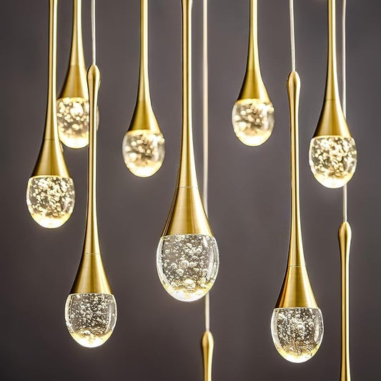 Raindrop Crystal Chandelier High Ceiling: 12 Lights Remote Dimmable LED - Large Long Modern Bubble Hanging Pendant Light Fixture Teardrop Spiral Chandeliers for Living Room Staircase Entryway Foyer