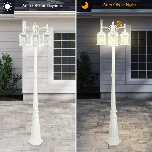 Dusk to Dawn Outdoor Lamp Post Light Birdcage, 3 Head Waterproof Outside White Street Light Pole with Clear Glass Shade for Yard Garden Patio Path Driveway