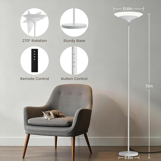 SIBRILLE White Torchiere Floor Lamp - 30W Dimmable LED Standing Lamp with Remote/Button Control, 1800Lm, 3000-6500K, 72in Bright Standing Pole Light for Living Room Bedroom Office Corner