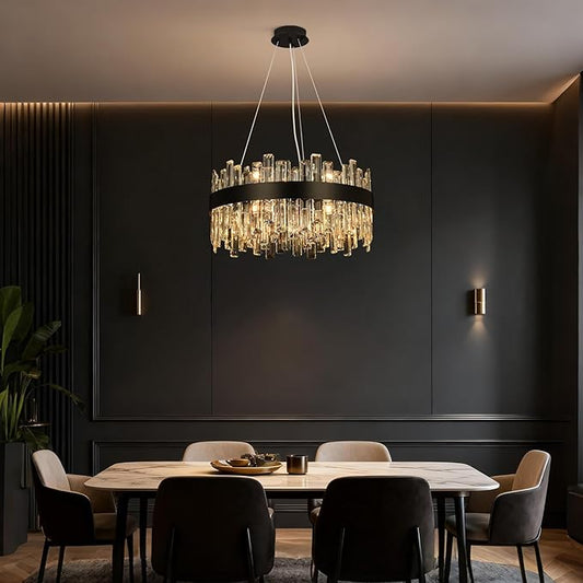 Crystal Chandeliers for Dining Room Lights Fixtures, 12 Lights Luxury Black Modern Chandeliers for Bedroom, 2-Tier Round Crystal Lighting Fixtures for Living Room Entryway Kitchen Island D20 Inch