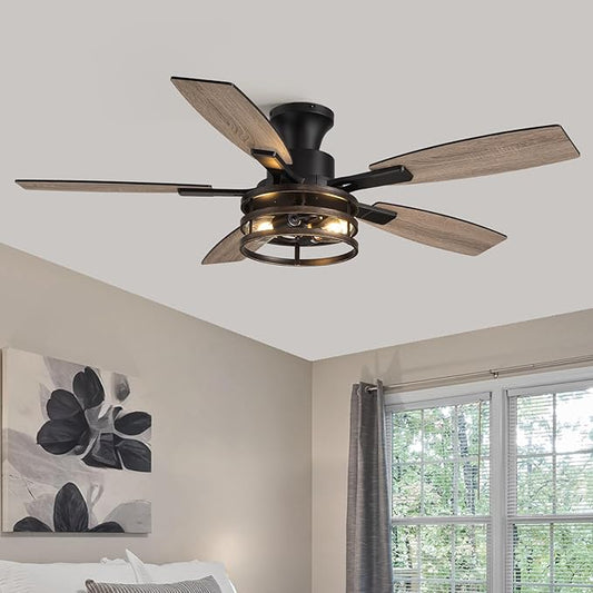 52 Inch Flush Mount Ceiling Fans with Lights and Remote Control, Low Profile Farmhouse Ceiling Fan for Bedroom Living Room and Patio, Black Caged Ceiling Fan for Indoor and Outdoor(No Bulb)