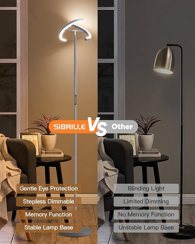 SIBRILLE Silver Floor Lamps for Living Room, Stepless Dimmable Standing Lamp with Touch Remote Control, 22W Rotatable LED Floor Light Tall Uplighter for Bedroom Office, 69'' Modern Room Light