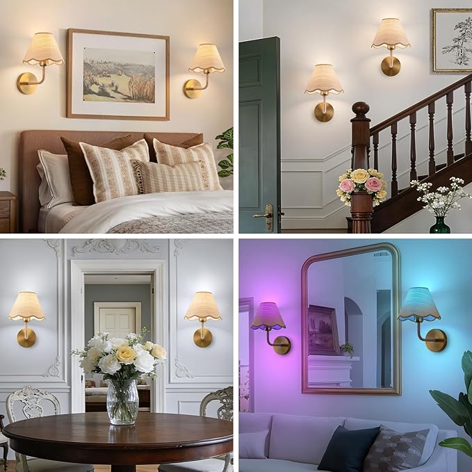 ADISUN Battery Operated Wall Sconce Set of 2, Gold Wall Lamps for Living Room, Rattan Shade, Dimmable, Wireless Wall Lights for Bedroom Living Room Hallway Kitchen(2 Bulbs Included)