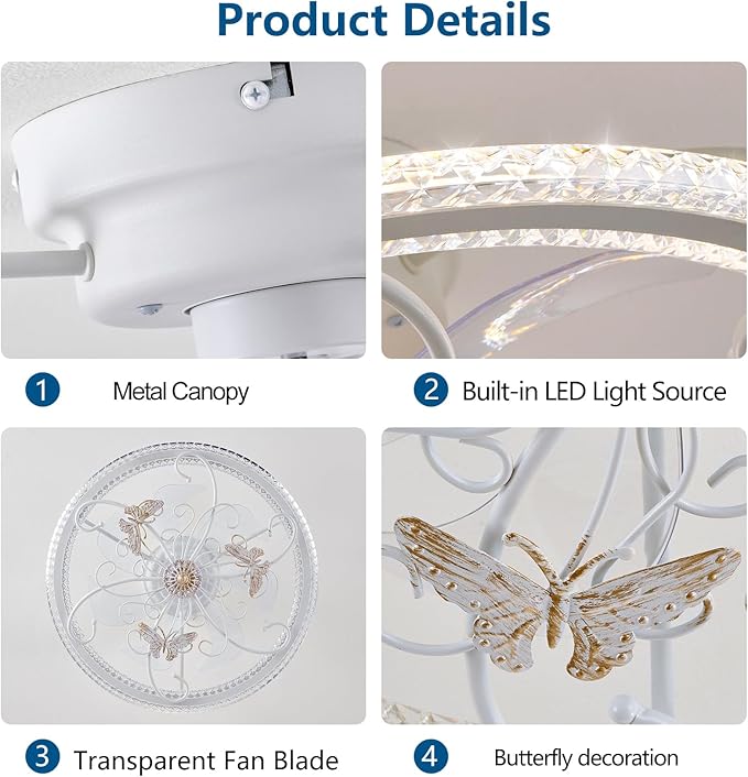 20" White Ceiling Fan with Lights Remote Control, 6 Speeds Retro Industrial Caged Ceiling Fan with Light for Kitchen Bedroom Living Room