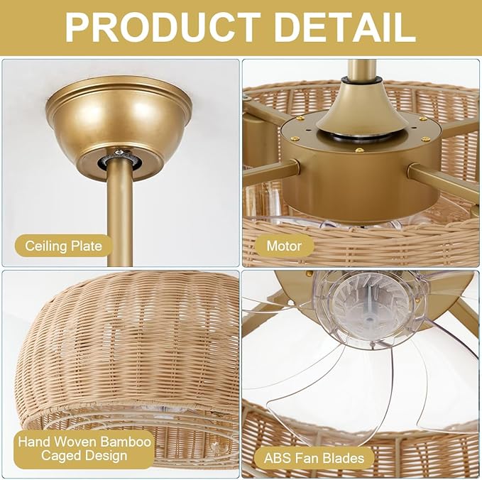 18.1" Rattan Caged Ceiling Fan with Lights 4-Light Beige Fandelier with Light Boho Bamboo Chandelier Fan with Light Reversible Motor, Remote Wicker Pendant Light with Fan for Bedroom Living Room