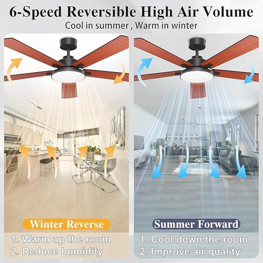DIAMONDFORGE Ceiling Fans with Lights and Remote Control,Indoor/Outdoor Flush Mount Low Profile Commercial Reversible Dimmable Wood Grain Ceiling Fans for Living Room Patio Industrial Shop, 62 inch