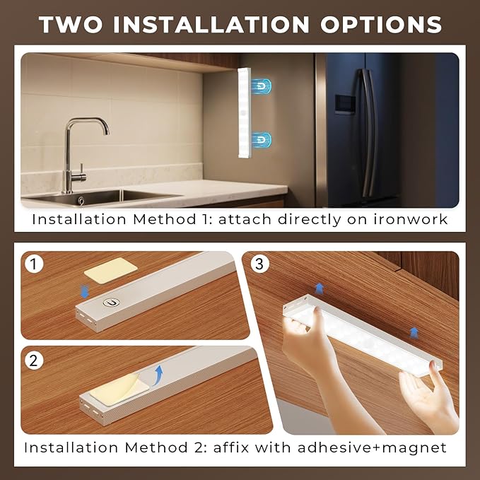 BERTHALESS 2 Pack Closet Lights, Rechargeable Under Cabinet Lighting, 30 LED Motion Sensor Light, Dimmable, 3 Color Temperatures Counter Lights for Kitchen, Pantry, Bedroom, Wardrobe