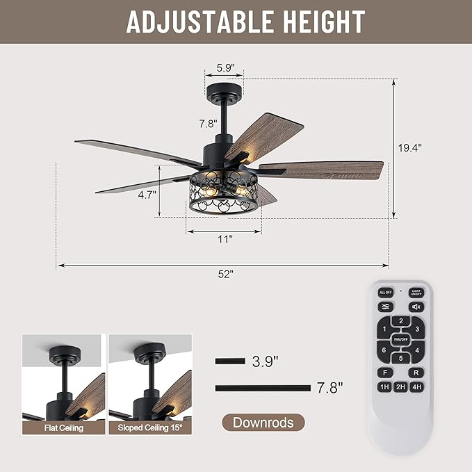 52" Farmhouse Ceiling Fans with Lights and Remote,Chandelier Ceiling Fan with Reversible DC Motor and 5 Double Finish Wood Blades,Rustic Caged Ceiling Fan for Living Room,Dining Room,Bedroom