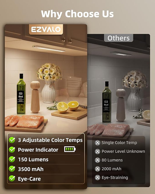 EZVALO 17'' Under Cabinet Lighting Wireless, 3Pack Rechargeable Closet Lights, LED Motion Sensor Indoor, Dimmable & 3 Color Temps Battery Operated with Power Display, for Kitchen, Stairs, Bookshelf