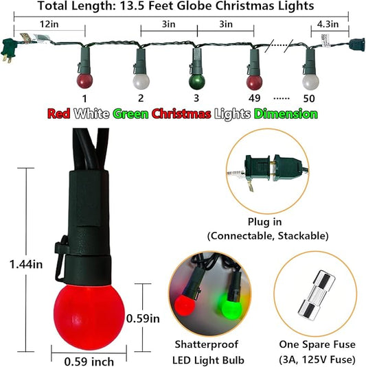 Round Christmas Lights Outdoor 13.5Ft G15 Red Green White Christmas Lights 50 LED Mini Globe String Light Indoor, Shatterproof Connectable & Plug in Xmas Light for Home Wreath Porch Patio Tree Decor