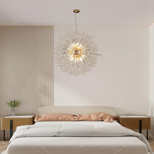 24-Light Farmhouse Crystal Chandeliers, Large Gold Beaded Lamp, Modern Firework Pendant Lighting, Sputnik Dandelion Hanging Lights for Living Room Bedroom Dining Room (Gold, D39.3inch)