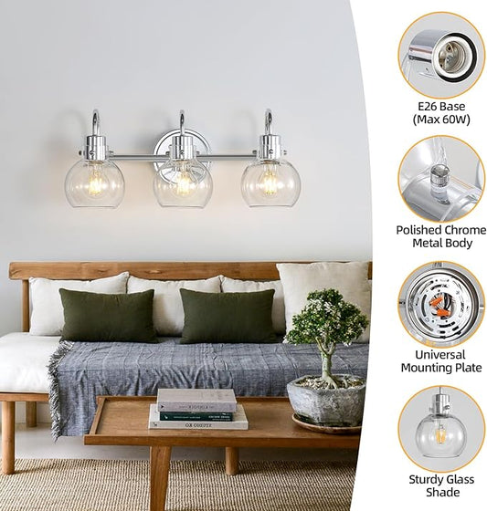 Bathroom Light Fixtures Polished Chrome 3 Light Vanity Light Wall Sconces Lighting with Clear Globe Glass Shades Bath Wall Mount Lamp for Mirror Kitchen Porch Living Room Bedroom Hallway(E26)