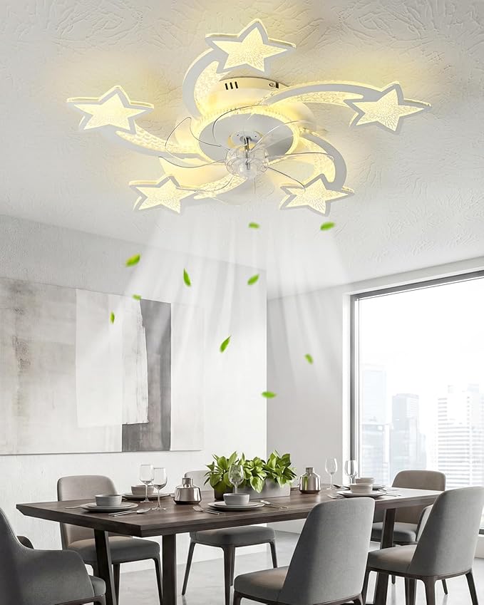 Yfrest Modern Ceiling Fan with Lights Remote Control, White Star Ceiling Fan with Light APP Control, 6 Speeds 3 Light Color Low Profile Ceiling Fan for Kitchen Bedroom