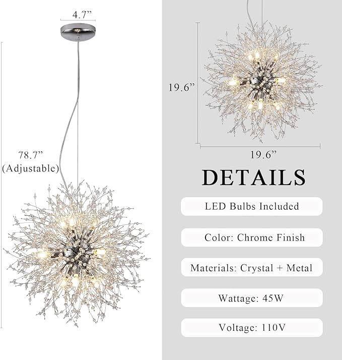 Sputnik Dining Room Chandelier, Modern Dandelion Hanging Lamp, Crystal Beaded Lighting, Round 9-Light Pendant Light Fixtures for Kitchen Island Bedroom Living Room Entryway (Chrome, D19.6inch)