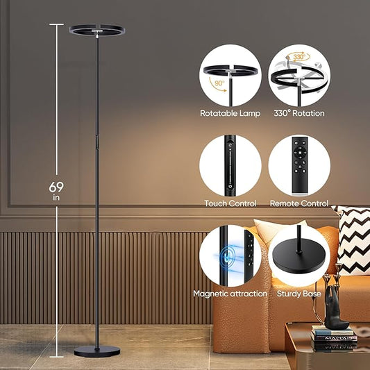 SIBRILLE LED Floor Lamp - Rotatable Standing Lamp with Touch & Remote Control, 3000-6000K, 22W Modern Floor Reading Light, Dimmable Corner Uplighter for Living Room Bedroom Office, Black