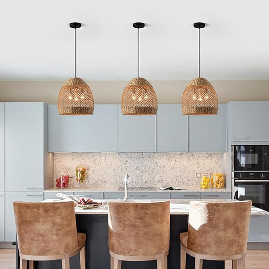 13.8" Farmhouse Woven Chandelier Rattan Wicker Lighting for Dining Room Boho Light Fixture Hanging 3-Lights Brown Pendant Light Kitchen Island for Restaurant Bedroom Breakfast Entryway Bar
