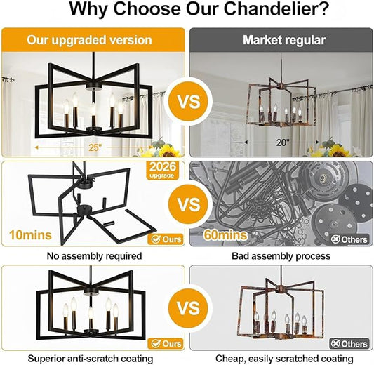 25" Modern Matte Black Chandelier for Dining Room, No Assembly Required Black Dining Room Light Fixture Over Table, Industrial Metal Hanging Pendant Lights Fixture for Kitchen Island, Entryway, Foyer