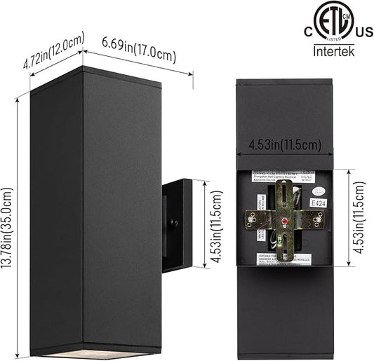 mirrea Modern Outdoor Porch Light Patio Light in 2 Lights with Aluminum Rectangular Tube and Tempered Glass Cover Waterproof Wall Sconce 2 Pack (Matte Black 14")