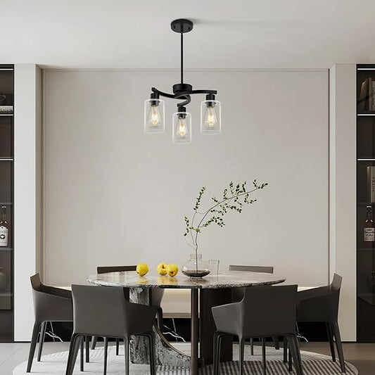 3 Light Modern Dining Chandeliers Over Table,Black Light Fixture for Dining Room,Farmhouse Chandelier with Glass Shade,Industrial Pendant Lights Kitchen Island,Foyer,Hallway, Bedroom