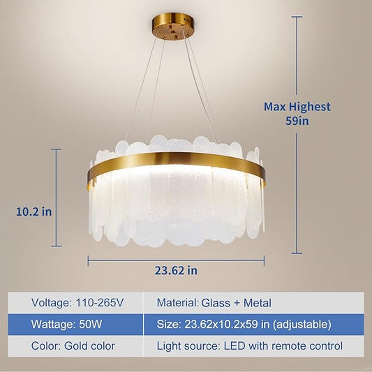 Depuley Modern Gold Glass Chandeliers: 23.6" Dimmable LED Chandeliers Light Fixture with Remote Control - 3 Colors Contemporary Pendant Ceiling Light for Dining Living Room Kitchen Island Foyer