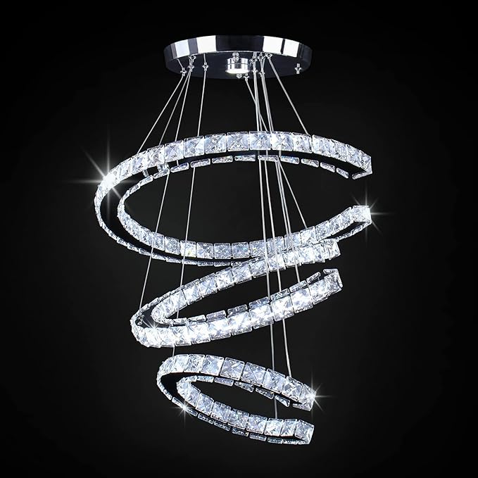Finktonglan Modern Crystal Chandeliers 3C Rings Led Pendant Lamp Adjustable Stainless Steel Ceiling Lighting Fixture for Living Room Dining Room Bedroom Cool White