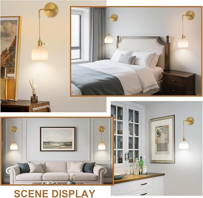 Vintage Battery Operated Wall Sconces Sets Of Two, Indoor not Hardwired Milky White Tulip Glass Lampshade Fixtures, Rechargeable Wireless RGB Wall Lights with Dimmable Remote, for Bedroom Living Room